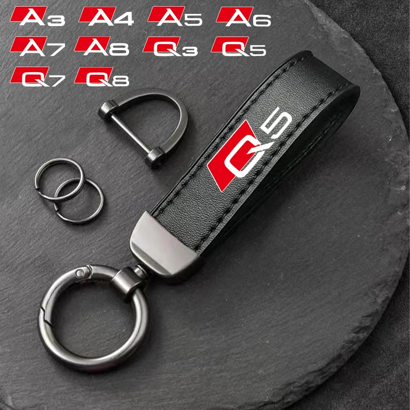 

For Audi Q5 Q3 Q7 Q8 A7 A3 A4 A5 A6 A8 Car Key Holder Genuine Leather Car Styling Emblem Keychain Key Chain Rings
