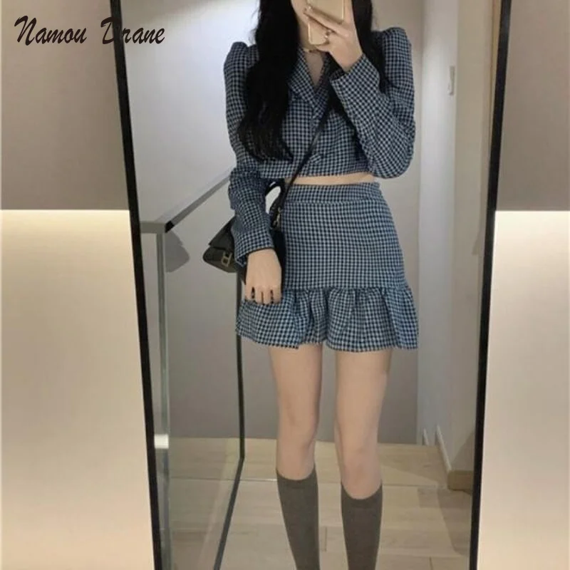 

Namou Drane Temperament Slim Spice Suit Collar Short Jacket Autumn Long Sleeves High Waist Skirt Two Suits Cardigan Top Lady