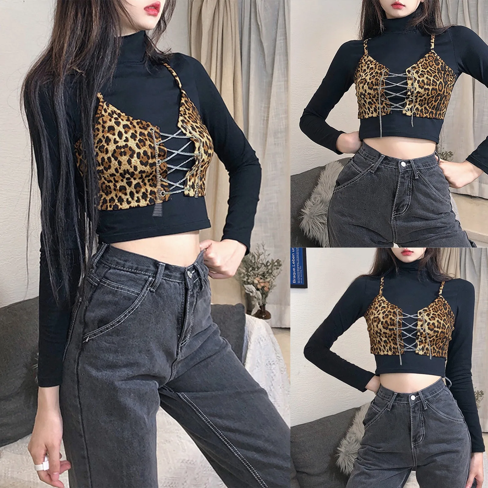 

Top Trendy Print Strap Women Neck Stitching Leopard Shirt Fake High Two-Piece Basics Tee Women Women Thermal Underwear Shirt