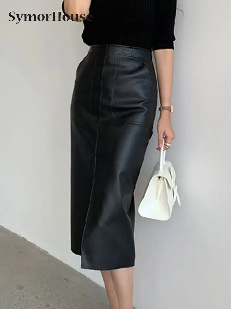 

Женская юбка-карандаш средней длины из ПУ кожи, с высокой талией и разрезом спереди