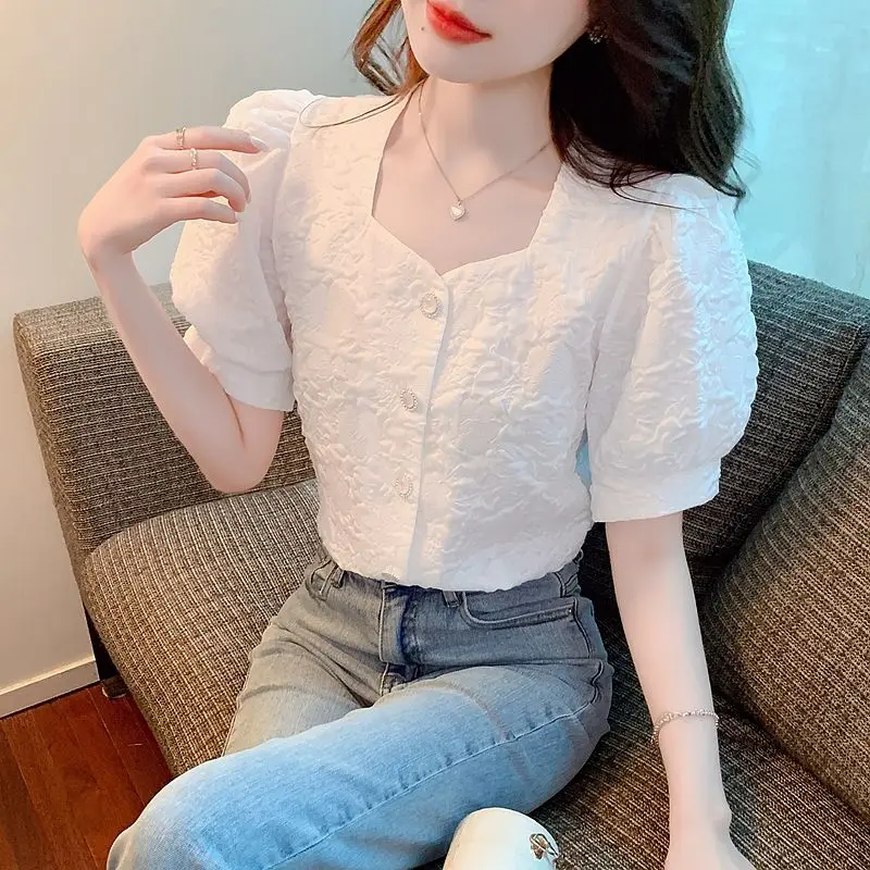 Модные однотонные шифоновые рубашки с квадратным воротником и пуговицами