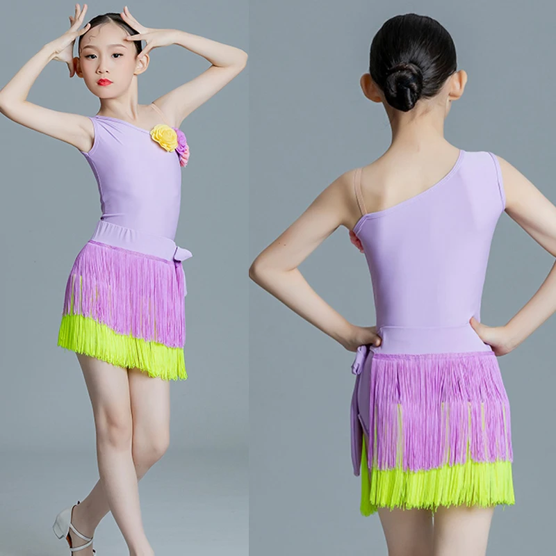 

Новинка 2022, детские костюмы для латиноамериканских танцев для детей, топы без рукавов, юбка с бахромой, костюм с румбой, танцевальное платье, DN14192