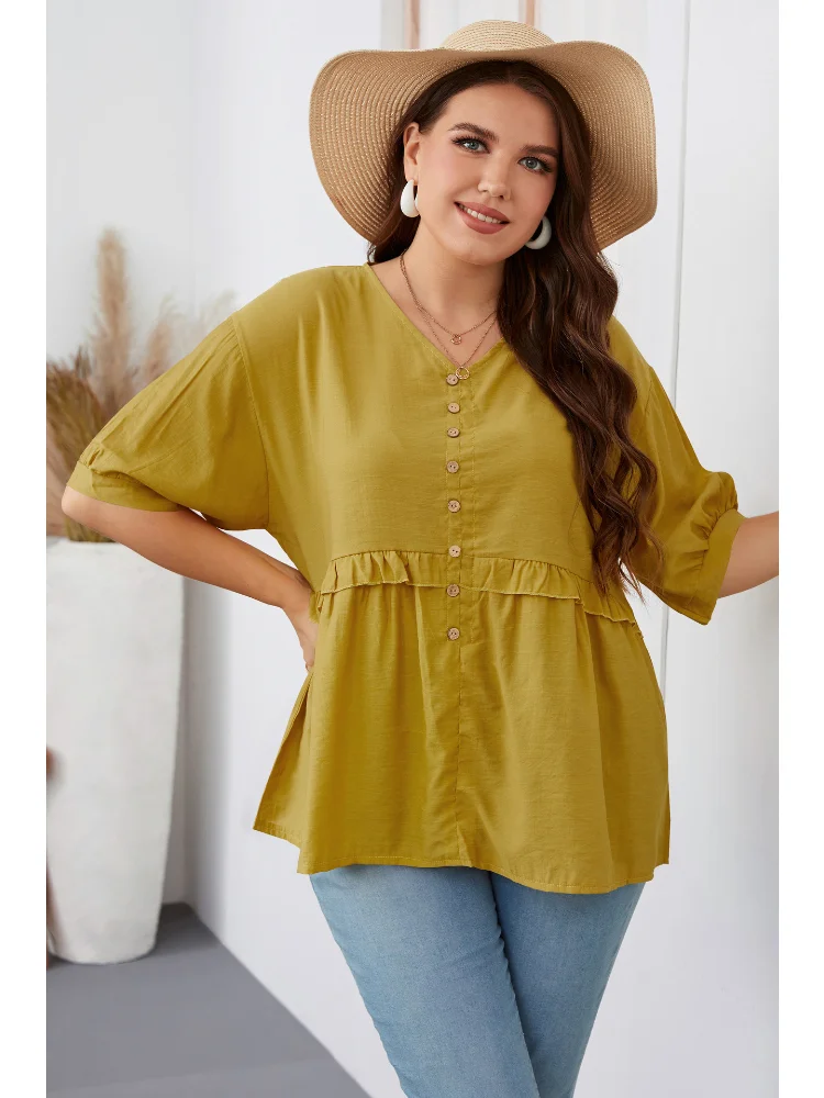 Large Women's Summer Short Sleeve V-Neck Large Shirt Top blusas plus size mujer  roupa plus size feminino
