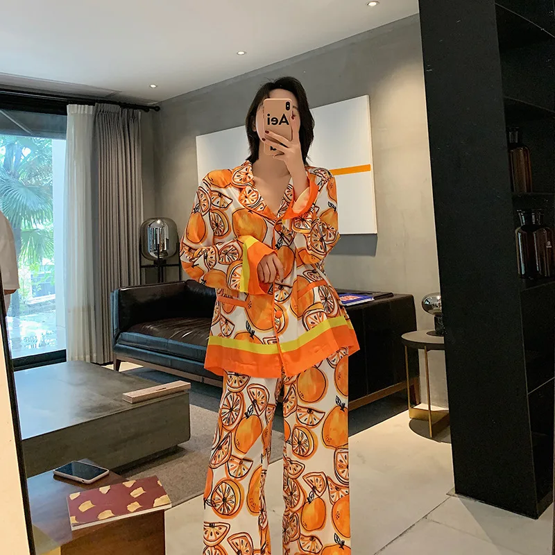 Chic Lemon Print Homewear Clothing Set For Women Spring Autumn Long Sleeve Pajamas Set Lady Sleepwear Nightwear Set