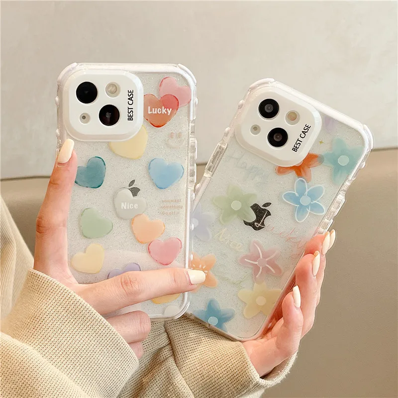 

Cute Colored Oil Painting Flower Smile Glitter Case For iPhone 14 13 12 11 Pro Max Wave Point Bumper Soft Shockproof Cover