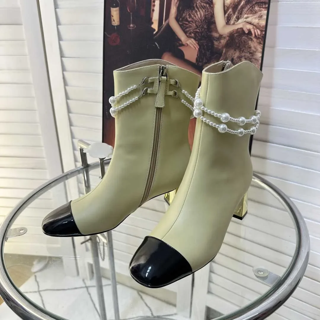 

2023 Autumn Short Boots Fashion Round Toe Women Shoes Concise Genuine Leather High Heels Pearl Decor Bota Feminina Size 34-41