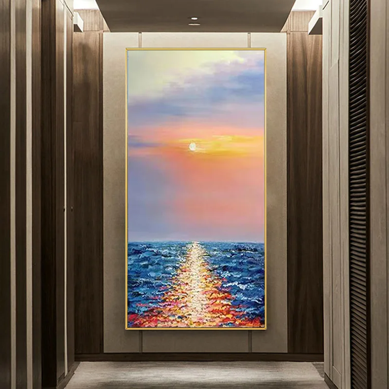 

Hand-Painted Oil Painting Light Luxury Entrance Decoration Corridor Seascape Sunrise Modern Simple Aisle Vertical Wall Hanging