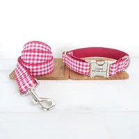 personalized pet collar customized nameplate id tag adjustable white red plaid cat dog collars lead leash set