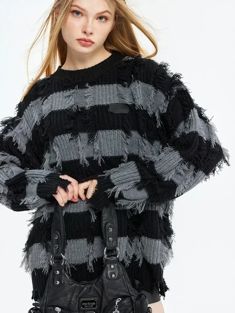 

Hikigawa уличная одежда Y2k полосатый Женский свитер с разбитыми дырками Пальто осенние шикарные модные вязаные пуловеры с кисточками Топы для женщин