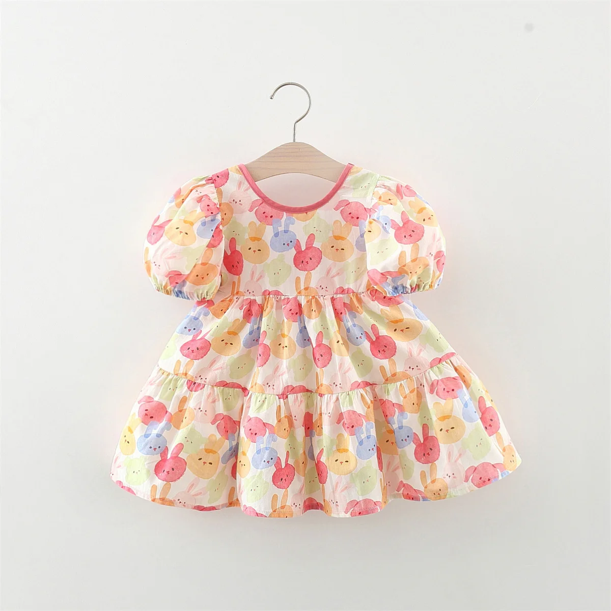

Summer Girl'S Dress New Korean Edition Colorful Bunny Print Bubble Sleeves Back Bow Round Neck Daily Loose Dress