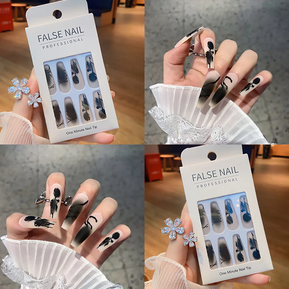 

Hot Girl Detachable Black Rose False Nail Patch Summer Sweet and Cool Style Long Press On Nails 24 Pcs Fake Fingernails