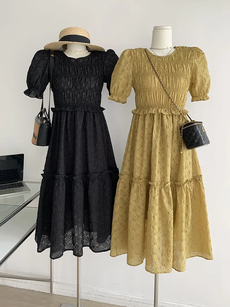 

Shirred Waist Frill Trim Dress Yellow Black Summer Short Sleeve Jacquard Dress