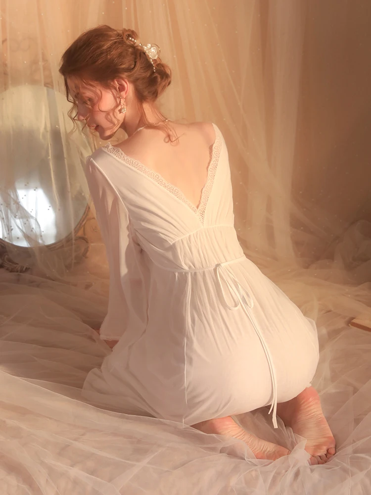 Women Pajamas New Sexy Solid Color Mesh Bra Pad Nightwears for Ladies Backless Long Nightdress Female Nightgown Women Home Wear