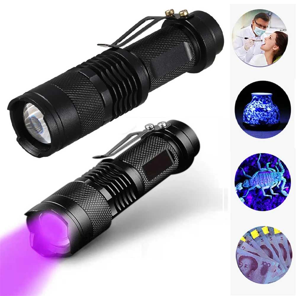 

Mini UV LED Flashlight Portable Ultraviolet Black Light 395/365nm 3 Modes Zoomable Torch Pet Urine Stains Scorpion Detector Lamp