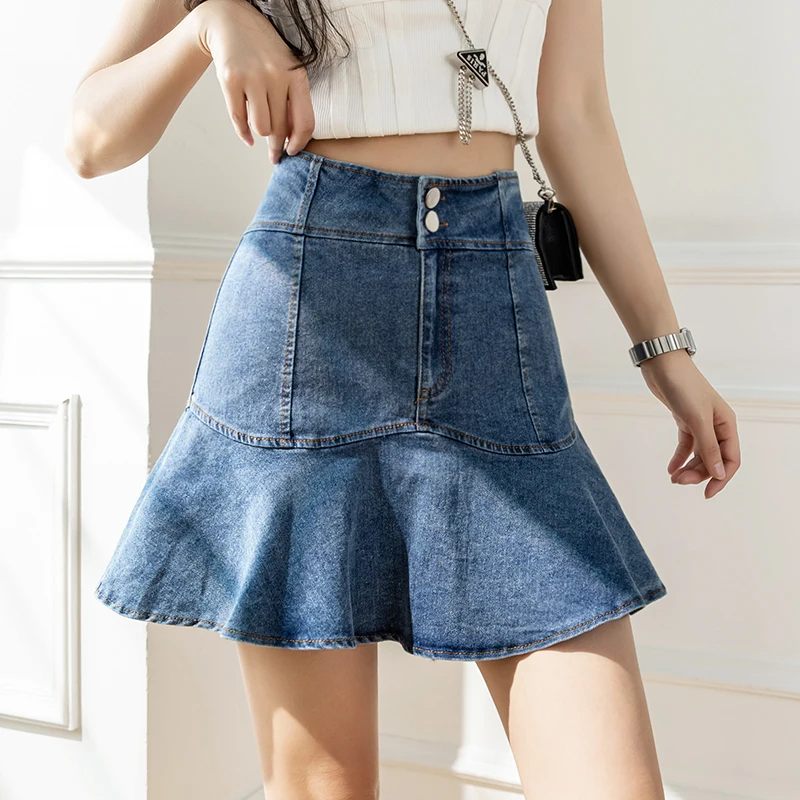 

Юбка женская джинсовая плиссированная с завышенной талией, трапециевидная Студенческая однотонная мини-юбка в Корейском стиле, элегантная...