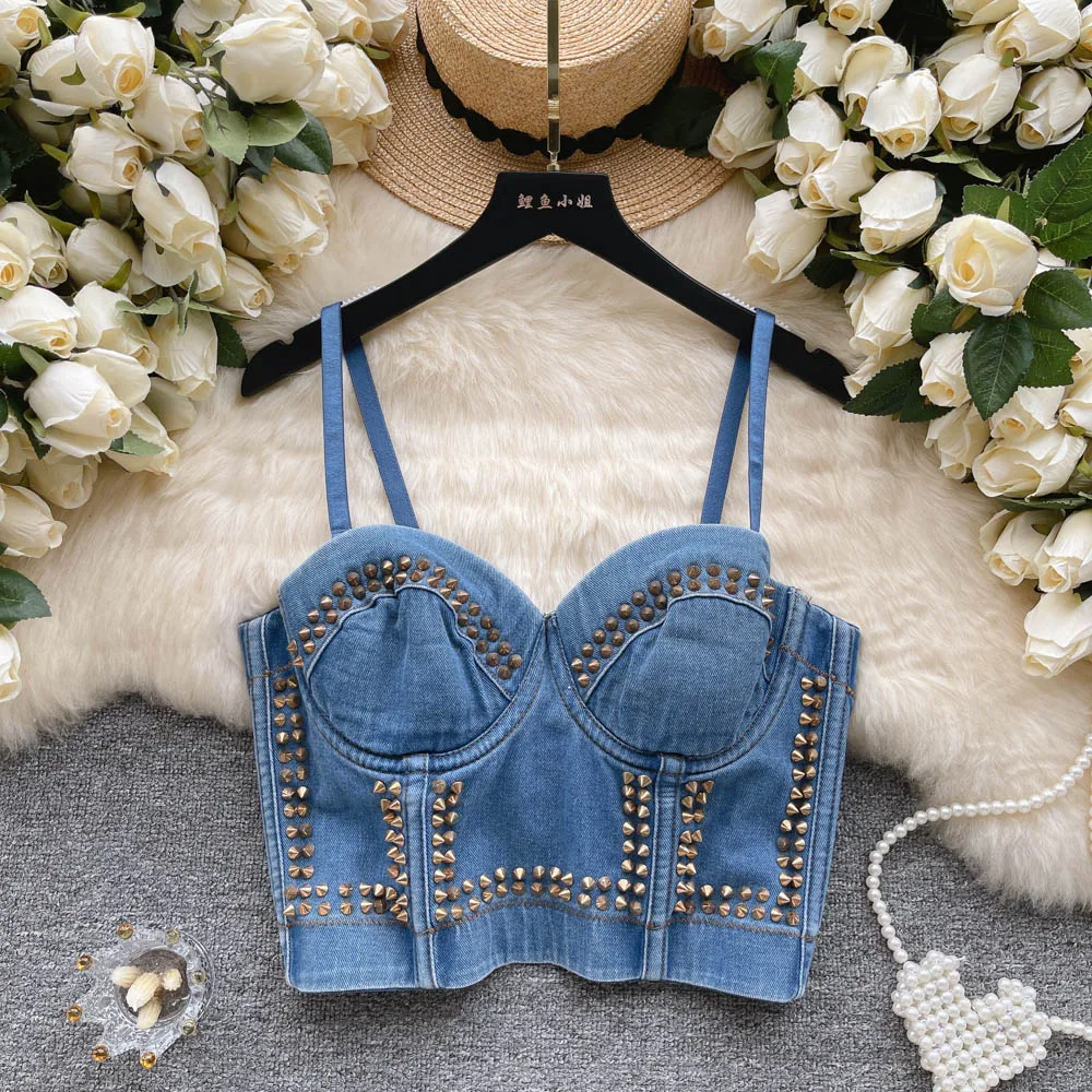 

Women Summer American Retro Camis Sexy Imitation Denim Crop Tops Streetwear Rivet Patchwork Corset Backless Sleeveless Bustiers