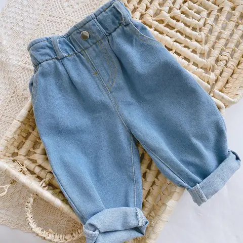 Новинка Весна 2023, детские свободные джинсовые брюки, однотонные детские повседневные брюки, джинсы для мальчиков и девочек, модные брюки для младенцев, большие ПП брюки, детская одежда