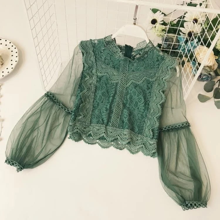 

New Arrival Ladies Mesh Lace Hook Flower Lantern Sleeve Loose Retro Short Pullover Blouse Shirts Women Fashion Cute Voile Suits