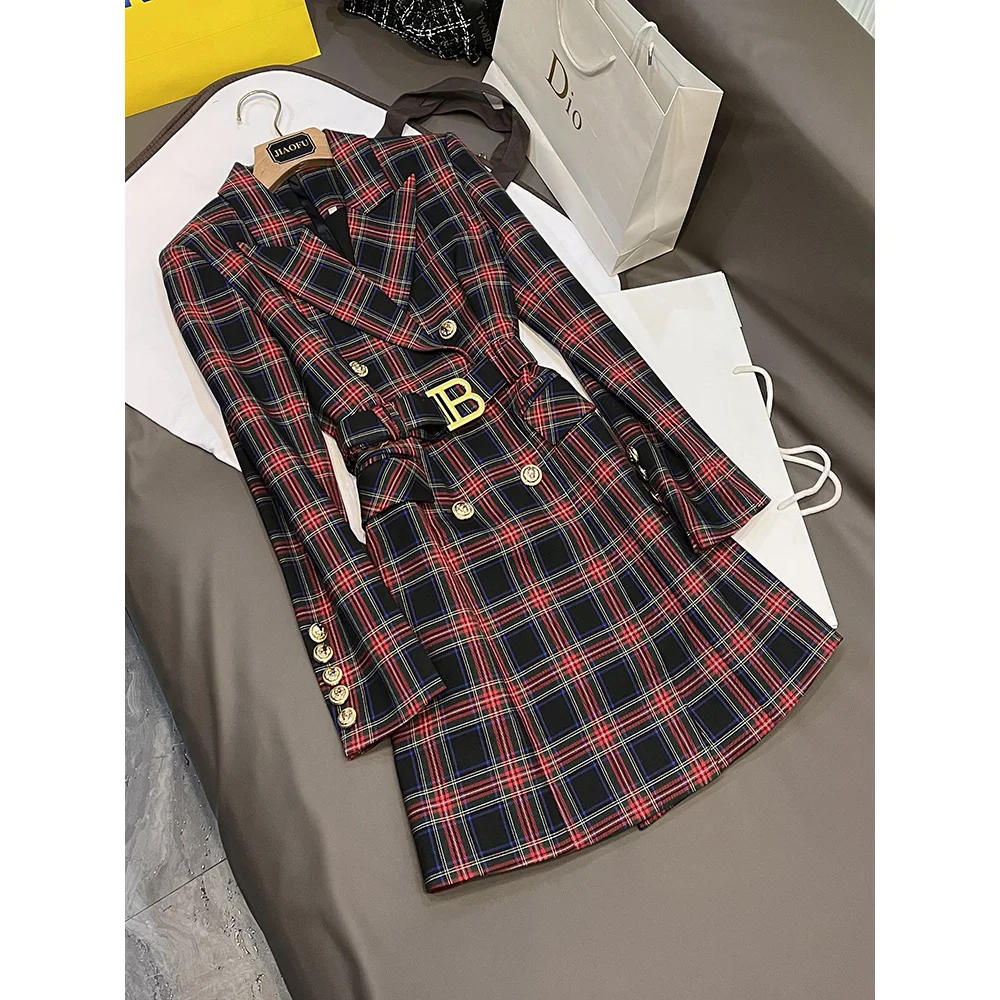 

Vintage Long Sleeve Double-breasted Blazer Notched Grid Dress With Belt Retro Elegant Slim Casual Back Zipper Plaid Dresses