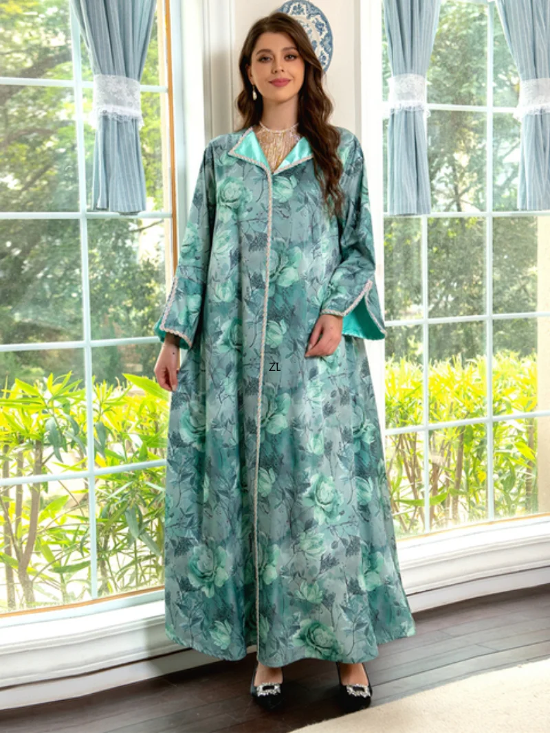 Elegant Casual Modest Dress Abaya Dubai Luxury Diamonds Lapel Collar Retro Floral Print Muslim Women's Dresses 2023