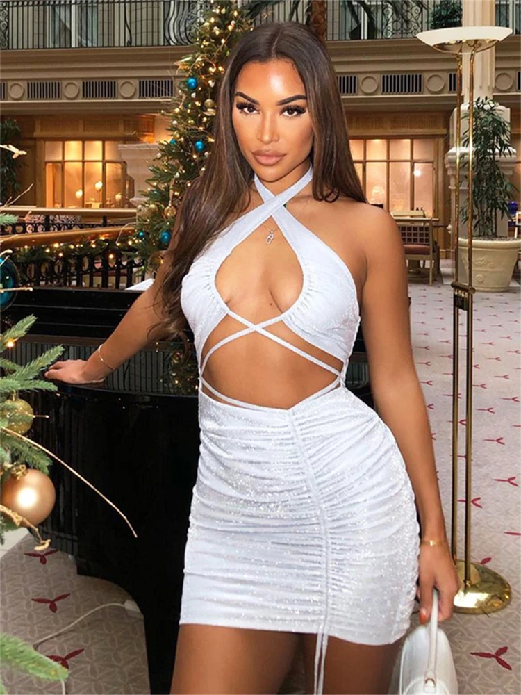 

Cross Halter Ruched Women's Dress 2022 Summer Hollow Out Backless Sexy Dress Club Party Nightwear