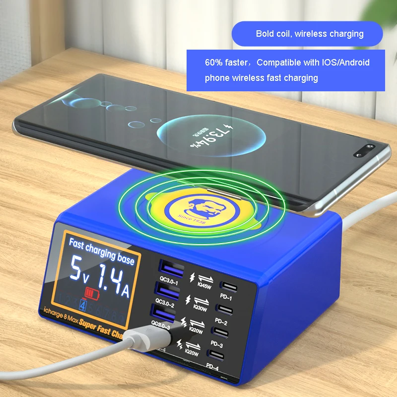 

Беспроводная умная зарядка MECHANIC iCharge 8 max, QC 3,0, 8 USB-портов, беспроводная зарядная док-станция с ЖК-дисплеем для быстрой зарядки