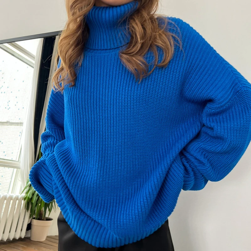

Jocoo Jolee Blue Turtleneck Women Sweater Warm Knitted Oversized Thick Pullover Autumn Winter Female Jumper 2022 Chic Knitwear