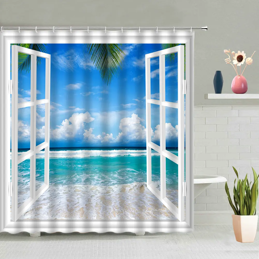 

Shower Curtain Palm Tree Bath Curtains White Window Hawaii Island Ocean Natural Scenery Fabric Bathroom Decor Sets