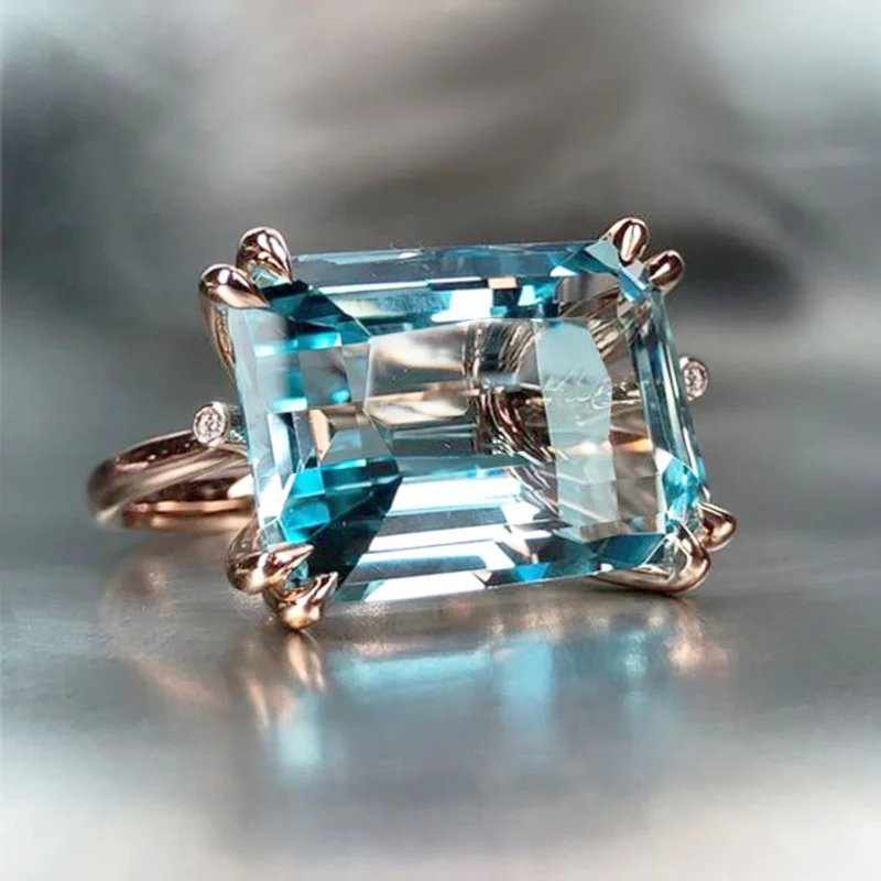 

New Solitaire 4 Claw Sky Blue Band Ring for Women Romantic Rose Gold Color Horizontal Rectangular Shape Fashion Girl Rings