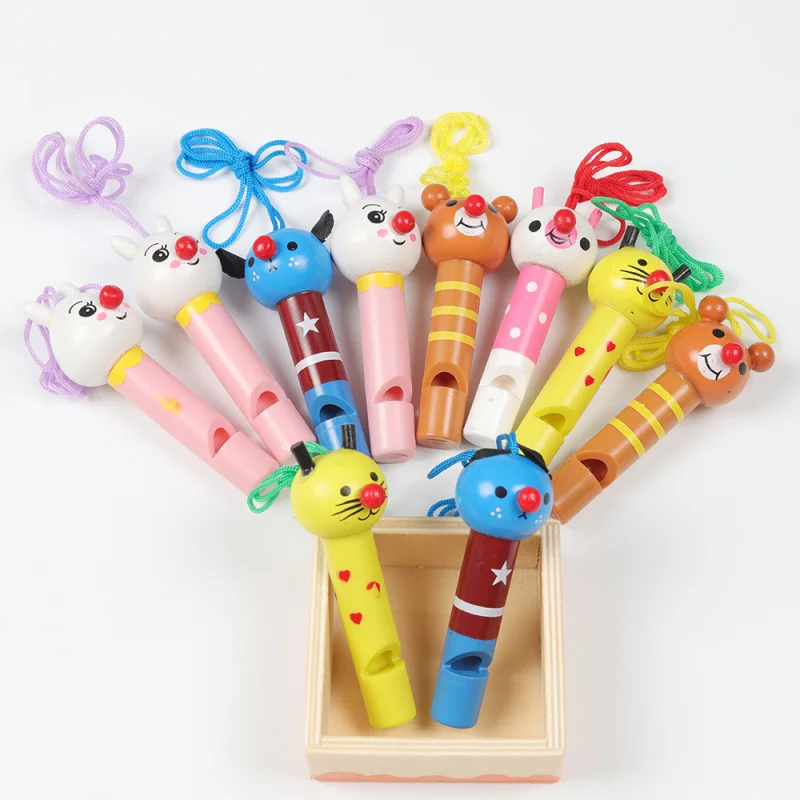 

10Pcs Cute Cartoon Animal Wooden Whistles with Lanyard Baby Shower Decoration Noice Maker Toys Kids Birthday Party Favors Gifts