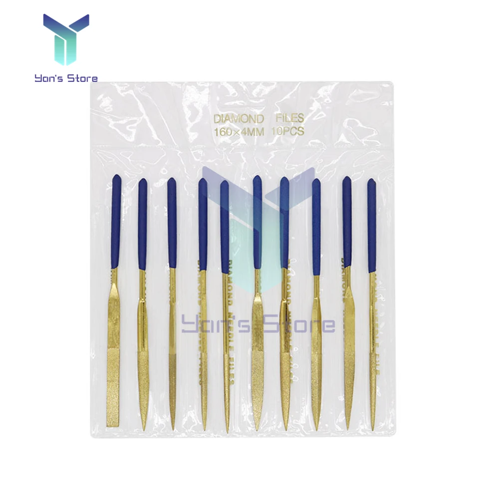 

10Pcs Titanium Coated Diamond Files Set 3x140mm Soft Rubber Handles Variety Shapes Diamond Needle Files for Metal Glass Ceramics