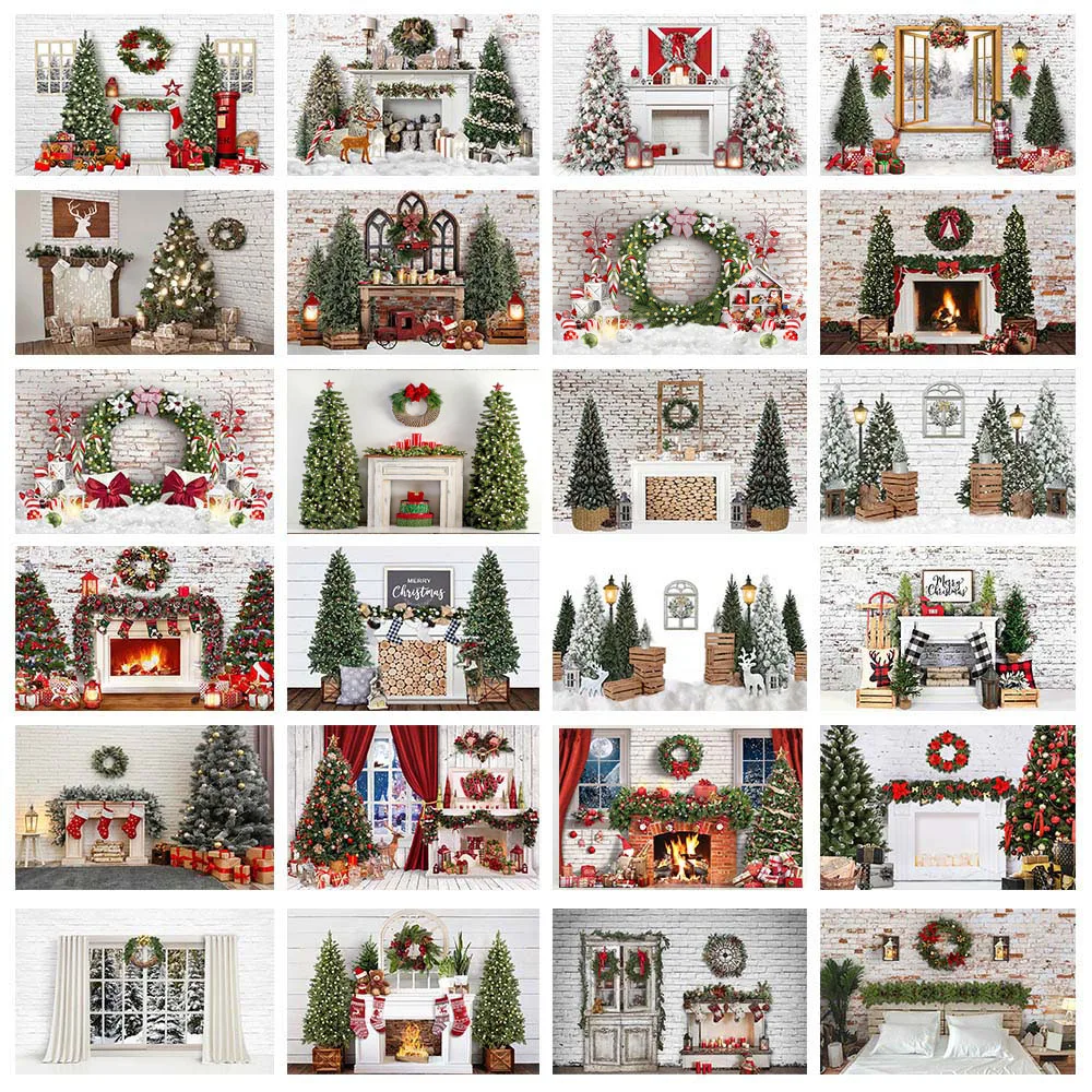 

White Brick Wall Christmas Photography Backdrops Fireplace Xmas Tree Wreath Kids Family Portrait Photo Background Photoshoot