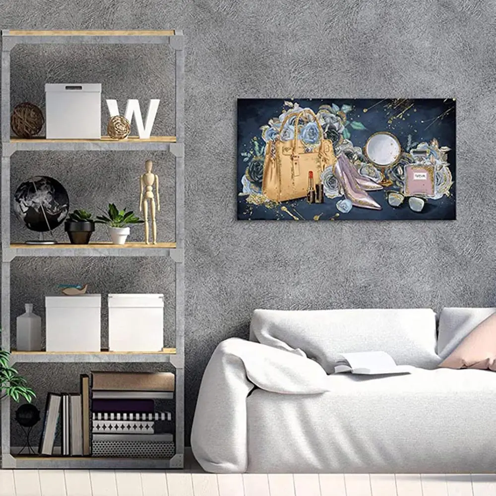 

Blue Flower Pink Perfume Lipstick Fashion Poster Golden Makeup Bag Print Canvas Art Painting Wall Picture Modern Girl Room Decor
