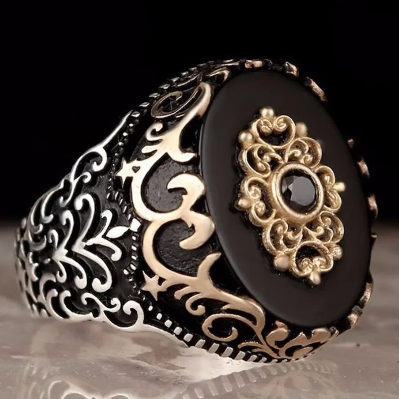 

Retro Handmade Turkish Signet Rings for Men Unique Silver Color Carved Punk Mystic Black Zircon Inlay Motor Biker Ring