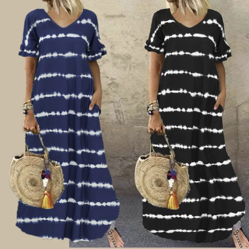 

Summer Irregular Stripe Maxi Dress For Fashion Women Dresses 2020 pocket Sexy Long Tie dye print Dress 5xl Women Robe
