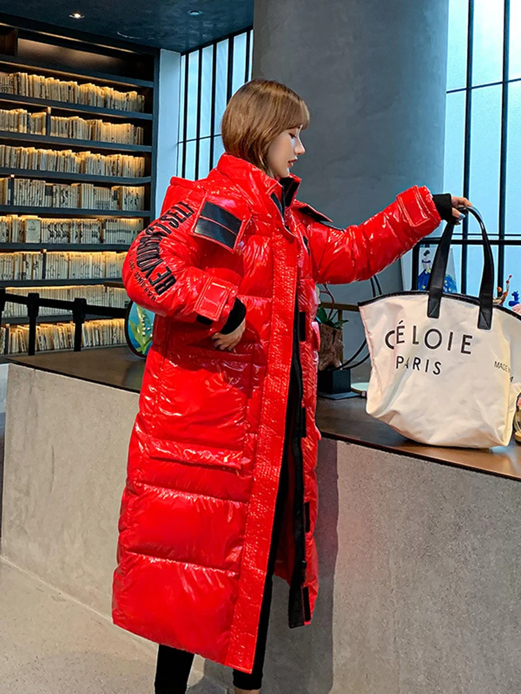 Glossy Down Jackets Women Winter Warm Long Parka Hooded Winter Coat Women Oversized Puffer Jacket Casaco Womens Jacket Outwear