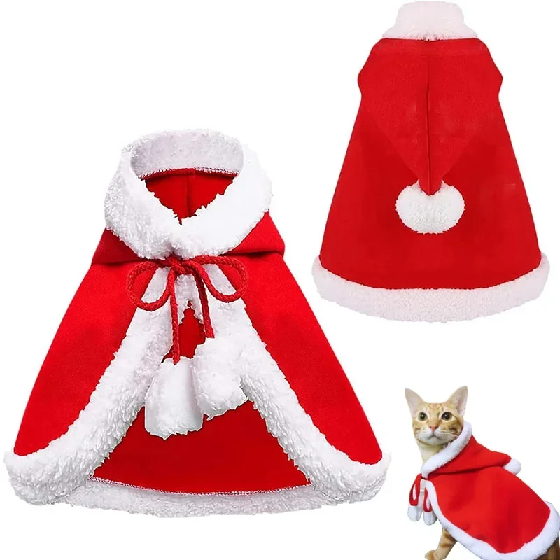 

Cat Christmas Hooded Cloak Pet Dog Costume Cape with Hat Cute Kitten Puppy for Xmas Party Cosplay Santa Claus