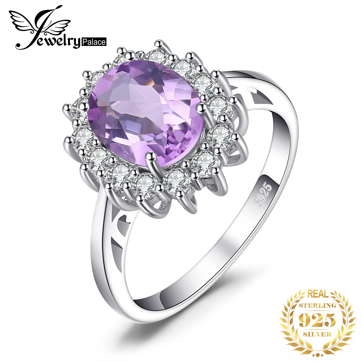 

JewelryPalace 1.7ct Diana Natural Amethyst 925 Sterling Silver Halo Ring for Woman Wedding Engagement Jewelry Gift New Arrival