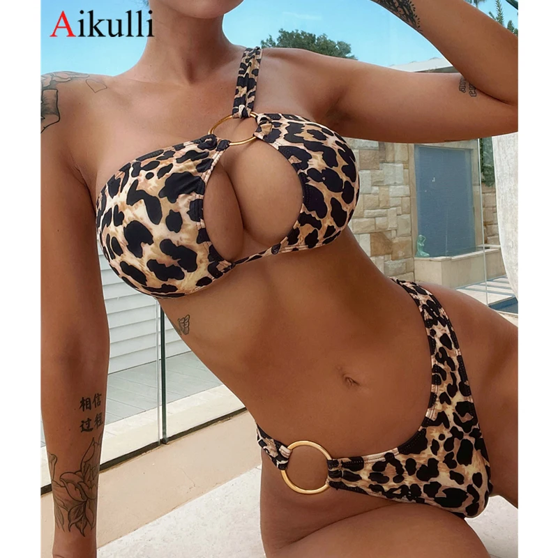 

Sexy One Shoulder Leopard Print Bikini Swimsuit Women Two Piece Bikini Set 2023 Mujer Hollow Out Swimwear Beach biquini Swimming