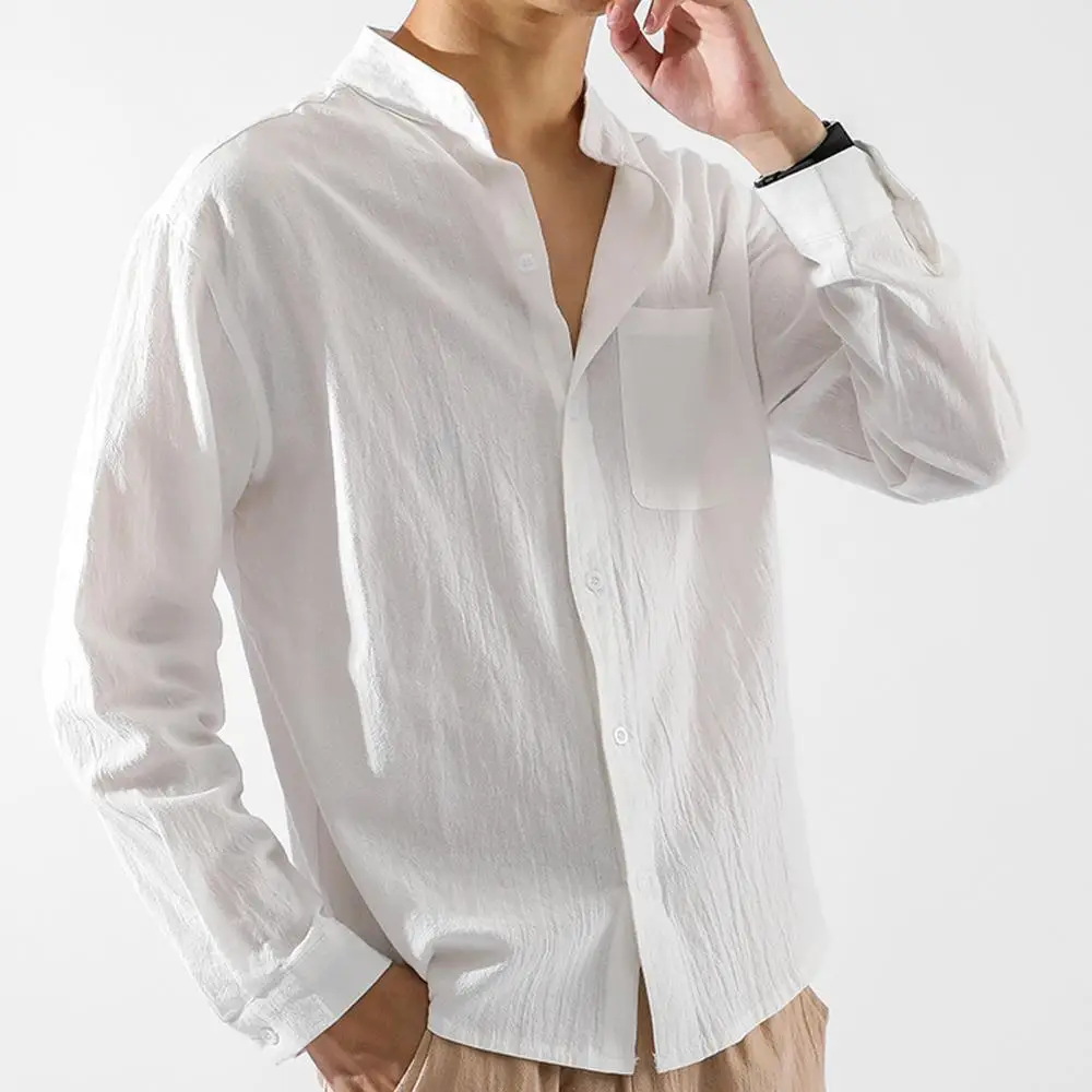 

Linen Loose Men Shirt Top Buttons Solid Color Cotton Pocket Stand Collar Coat