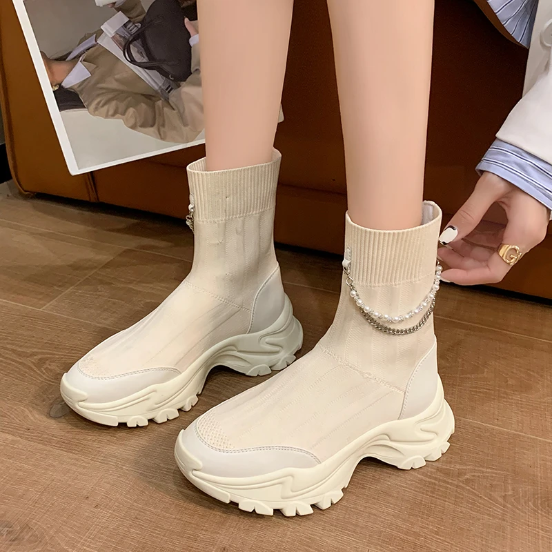 

Женская обувь, ботильоны, новинка сезона осень 2023, Модная вязаная повседневная обувь, толстая подошва, Нескользящие эластичные носки, стрей...