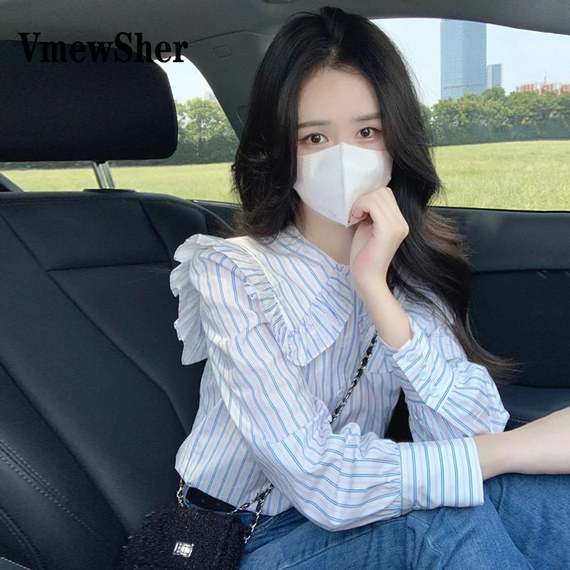 

VmewSher Pretty Ruffles Peter Pan Collar Striped Long Sleeved Shirt Women Spring Summer Chic Blouse Elegant Single Breasted Tops
