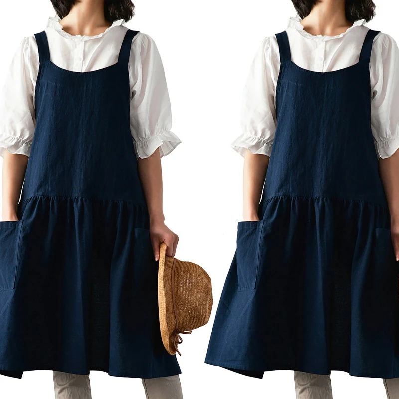 

2X Washable Cotton Linen Kitchen Apron With Pockets For Cooking Baking Flower Shop Cute Aprons For Woman Dress