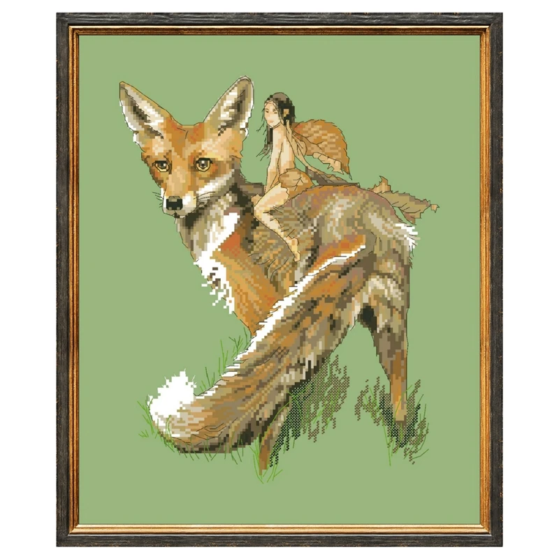 The fox and elfin cross stitch package Arctic fairy and elk aida 14ct brown green cloth kit embroider DIY needlework