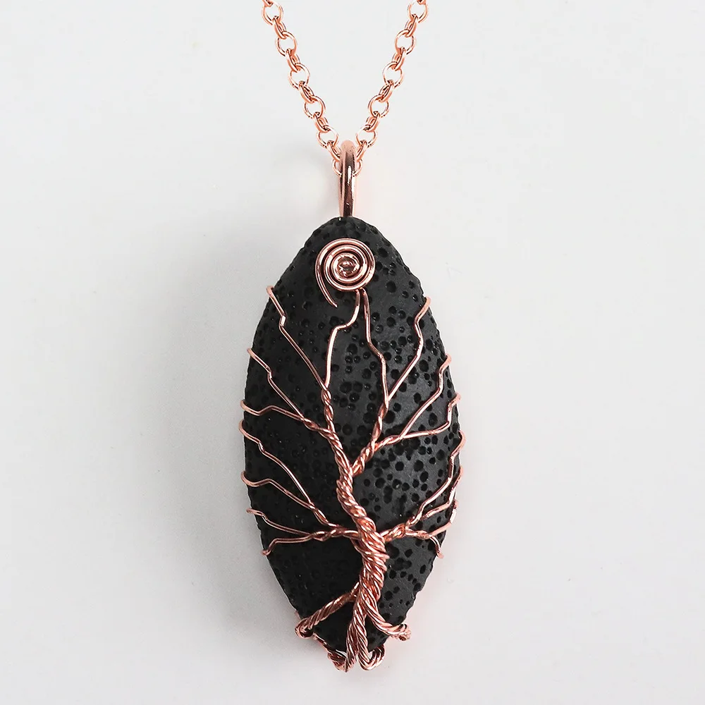 Natural Black Lava Horse Eye Shape Wire Wrapped Tree of Life Necklace Chakra Points Reiki Stone Volcanic Rock Pendant Jewelry