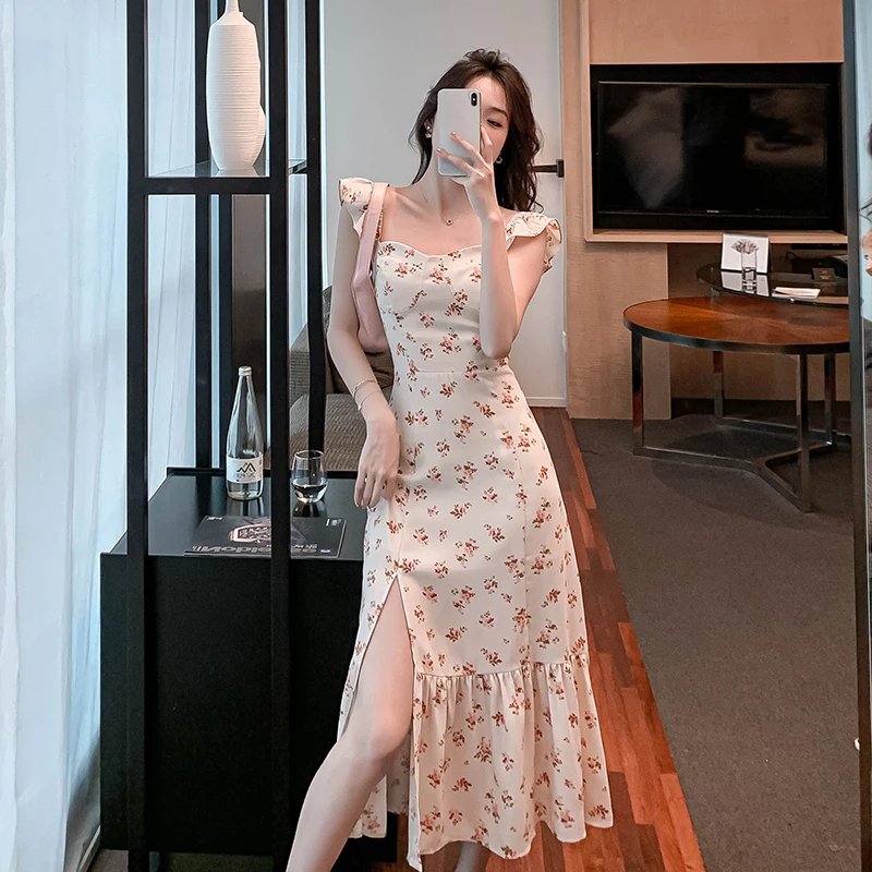 

Floral Printing Slim Fit Party Sexy Women's Dress High Waist Backless Summer French High Street Sheath Female Clothing