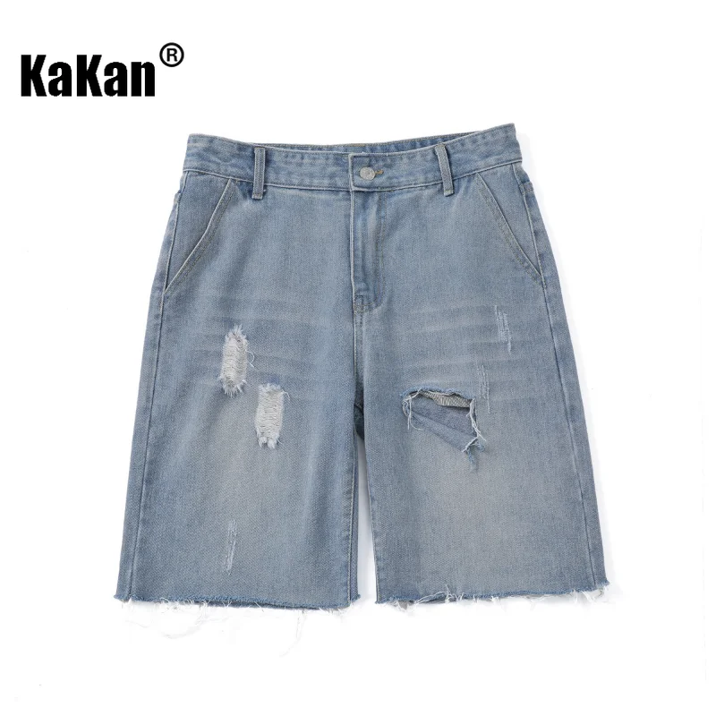 Kakan - New Trendy Brand Distressed Thin Denim Jeans, Summer Men's Casual Straight Leg Pants with A Quarter Length Jeans 29-N605