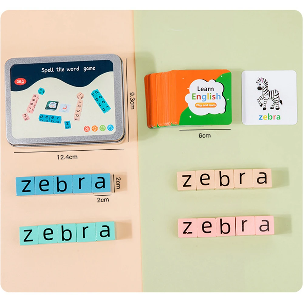 

Деревянные кубики-головоломки для детей, игра в красочную железную коробку, кубики для правописания, карточки, игрушки для изучения английских слов