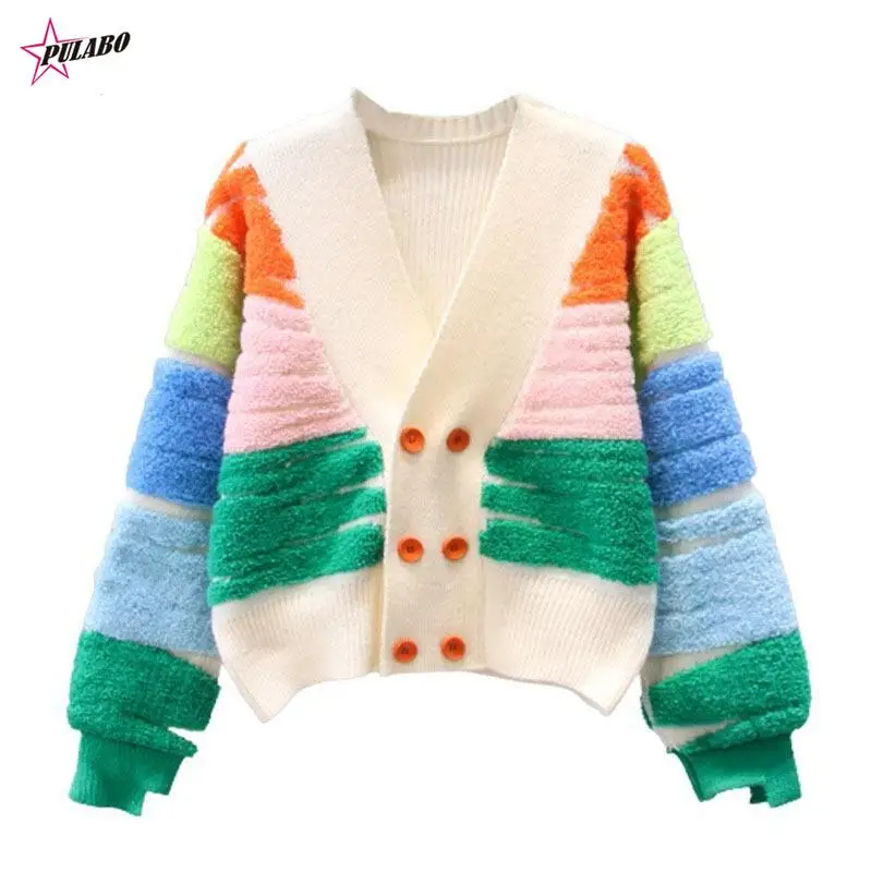 

PULABO Striped Knit Sweater Cardigan Women Double-breasted V-neck Jacket Coat Autumn Winter Long Sleeve Loose Stylish Tops 2023