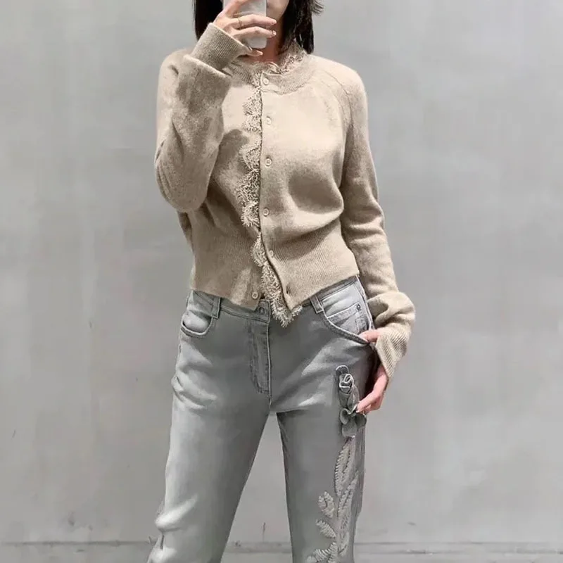 Женский однобортный Кардиган элегантный кашемировый кардиган с кружевной